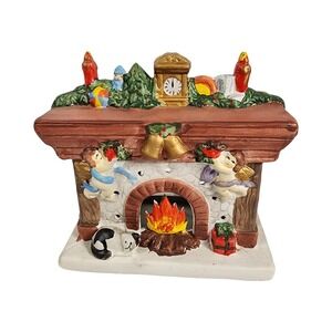 Vintage Style Ceramic Christmas Fireplace Tea Light Candle Holder Cherubs Cat